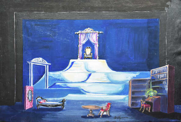 Трошин Николай Степанович. Эскиз декорации кабинета с креслом на подиуме 